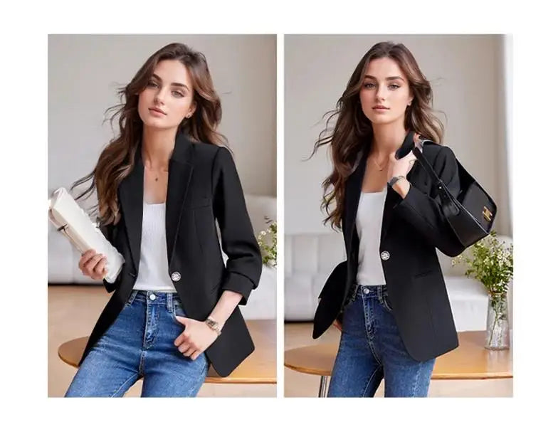 Elegant Solid Women's Blazer Long Sleeve Turn down Collar Slim Fit Office Jacket Single Button Spring Autumn Fashion