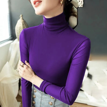 Women's Mesh T Shirt White Coffee Purple S-4XL High-neck Long Sleeve Shirt Women Slim Stretch Bottoming Tops Sexy Tees Ladies
