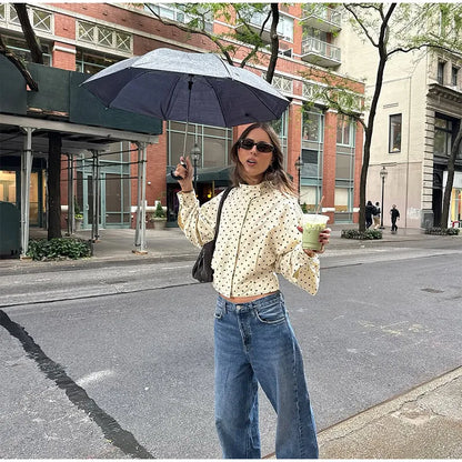 Polka Dot Print Round Neck Short Coats Women's High Street Blazer Long Sleeve Jackets 2025 Elegant Office Ladies Suit Outerwear
