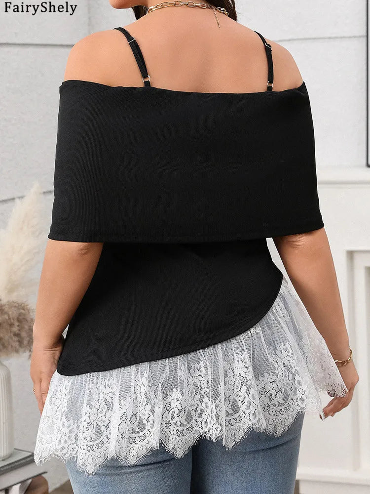Fairyshely 2025 Summer Off Shoulder Plus Size Top Women Lace Ruffle Large Strap T-shirt Lady Short Sleeve Elegant Curvy Tops