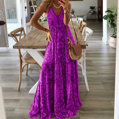 Plus-size Europe and the United States cross-border  new slip long skirt high-waisted V-neck printed floral dress