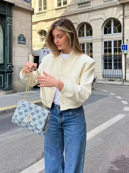 1PCS Woman Bomber Jacket Coat White Autumn Winter Button Baseball Aviator Cropped Jackets for Women Long Sleeve Crop Outerwear