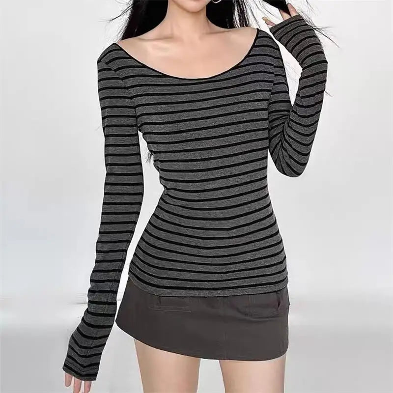 Y2K Grunge Emo 00s Vintage T-Shirt Black Grey Striped Off Shoulder Long Sleeve Jumper Top Chic Women Autumn Retro Goth Tee Shirt