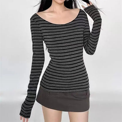 Y2K Grunge Emo 00s Vintage T-Shirt Black Grey Striped Off Shoulder Long Sleeve Jumper Top Chic Women Autumn Retro Goth Tee Shirt