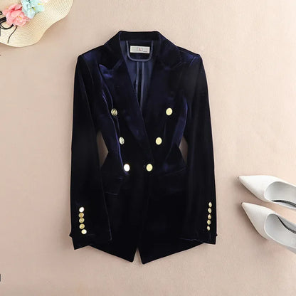 Spring Autumn New Canary Velvet Blazer Women Double Breasted Pocket Fashion Slim Suit Jacket Female Elegant Blazers Coat W815