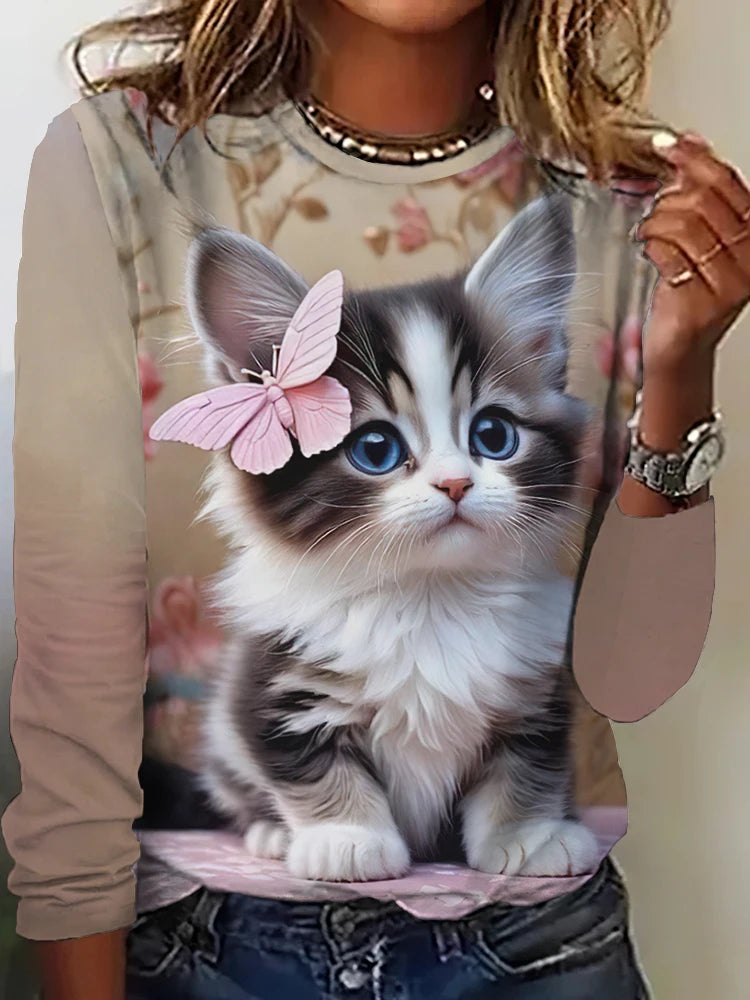 Fall Women's Long Sleeve T-Shirt Cute Cat Print Street Casual Crew Neck Pullover Oversized Clothing Outdoor T Shirts