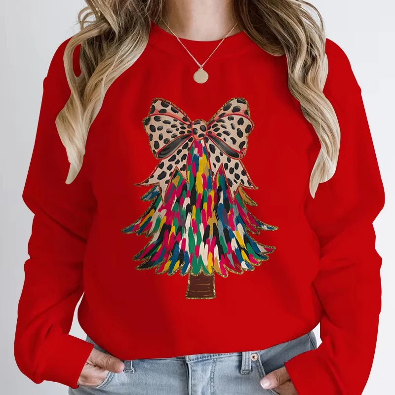 Casual Vintage Christmas Tree Graphic Women Sweatshirts Long Sleeve Crew Neck Y2K Sudaderas Funny Holiday Xmas Hoodless Pullover