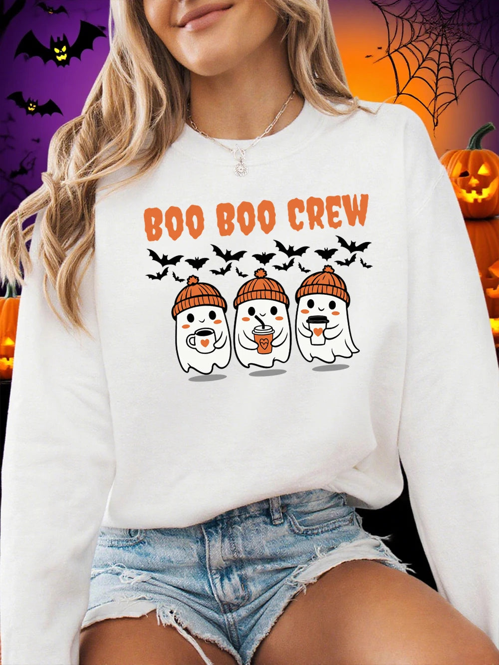 Boo Boo Crew Ghost Prints Halloween Sweatshirt Women Winter Fleece Warm Hoodies Crewneck Loose Pullovers Casual Soft Clothes