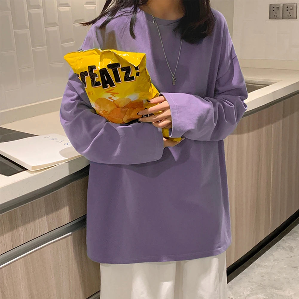 Cotton Spring New Long sleeve T-Shirt Women Basic Tee Shirt Oversize T Shirt Women Casual O-neck Women Tshirt US size