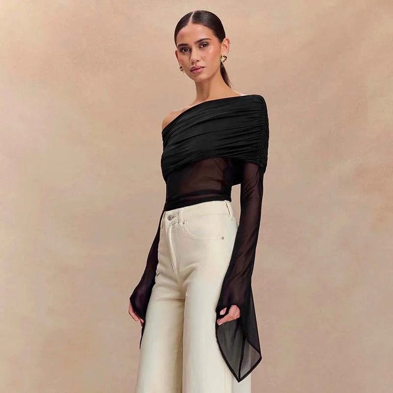 Off Shoulder Autumn Female's T-Shirt Solid Color Asymmetric Slash Neck Patchwork Women's Top Sexy Long Sleeve T-Shirt For Lady