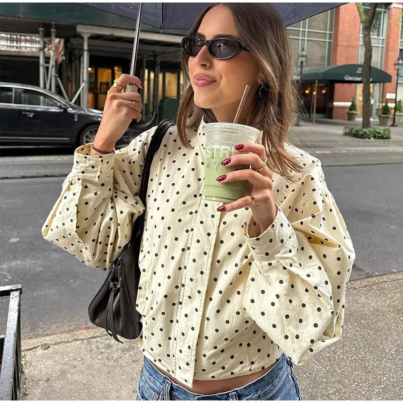 Polka Dot Print Round Neck Short Coats Women's High Street Blazer Long Sleeve Jackets 2025 Elegant Office Ladies Suit Outerwear