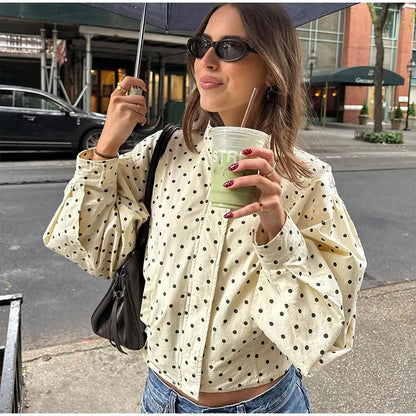 Polka Dot Print Round Neck Short Coats Women's High Street Blazer Long Sleeve Jackets 2025 Elegant Office Ladies Suit Outerwear