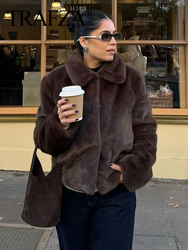 TRAFZA Vintage Women's New Faux Fur Coat Solid Lapel Long Sleeve Pockets 2025 Winter Female Jackets Streetwear Woman Outwear