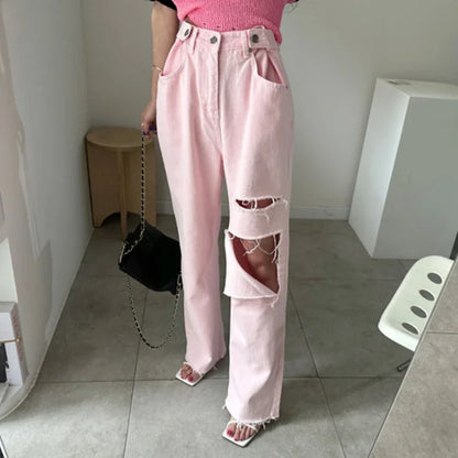 REALEFT 2025 New Hole Pink Women's Denim Wide Leg Pants High Waist Spring Summer Casual White Jeans Straight Trourses Female