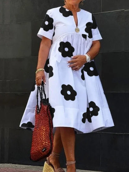 UOOZEE 2025 Summer Elegant Floral Printed Pleated A-line Dress For Women V-Neck Short Sleeves Loose British Style Midi Dresses