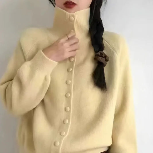 2025 New Soft High Neck Button Down Womens Cardigan Sweater Korean Style Ins Fashion Winter Fall Cozy Knit