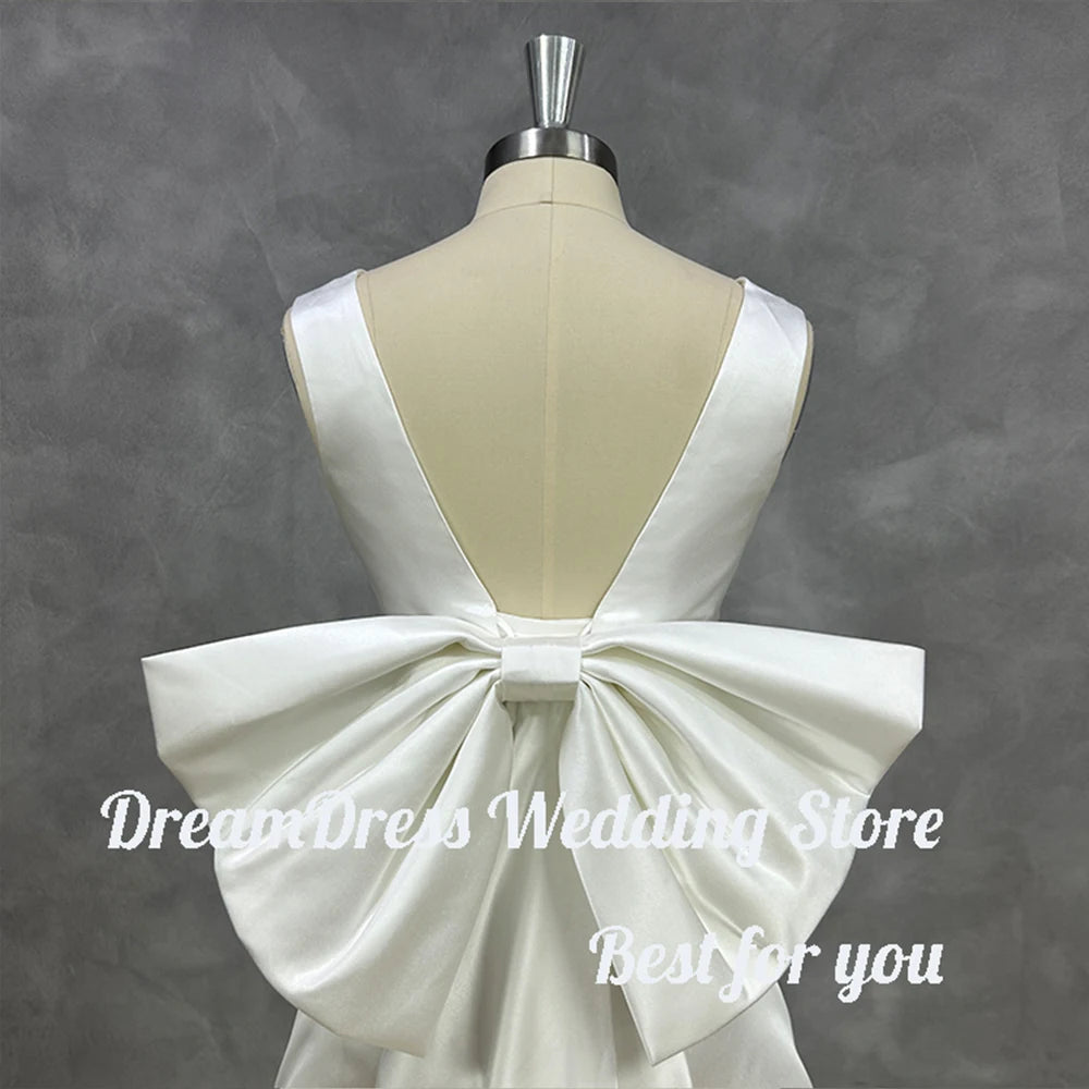 DREAM Customized Short Mini Satin V Neck Bridal Gown Large Bow Open Back Sleeveless Above Knee Length Wedding Party Dress 2025