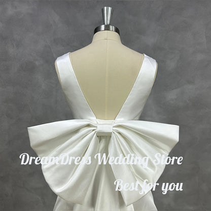 DREAM Customized Short Mini Satin V Neck Bridal Gown Large Bow Open Back Sleeveless Above Knee Length Wedding Party Dress 2025