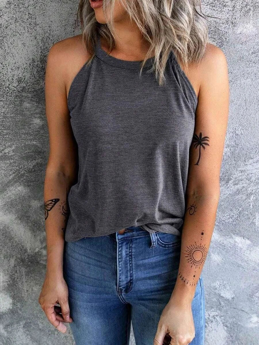 Women's Summer Sleeveless Halter Tee Shirts Crew Neck Workout Tank Tops Casual Plain Cami Shirts