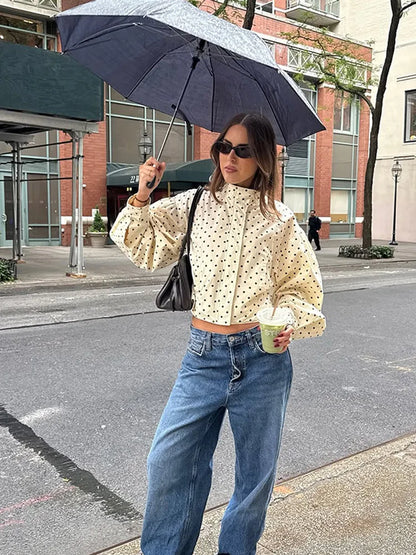 Polka Dot Print Round Neck Short Coats Women's High Street Blazer Long Sleeve Jackets 2025 Elegant Office Ladies Suit Outerwear