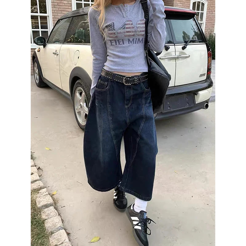 Blue Women's Retro Y2K 2000s Wide Leg Baggy Casual Denim Trouser High Waist Loose Jeans 2024 Autumn Harajuku Full Length Pants