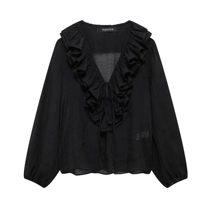 MUJER 2025 Ruffle Blouses for Women Semi Sheer Casual Blouse Woman Pleated Summer Shirts and Blouses Women Long Sleeve Women Top