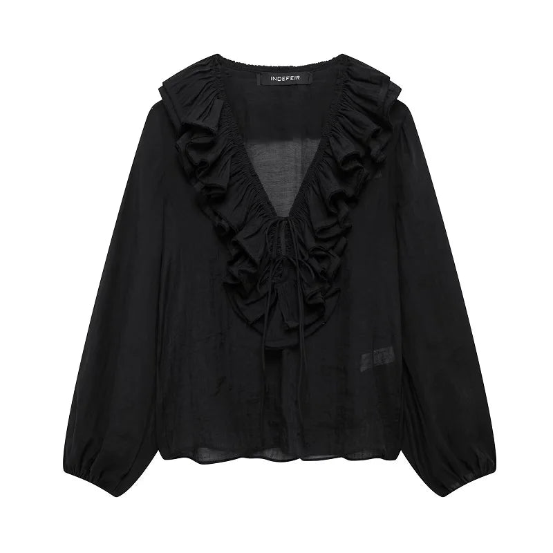 MUJER 2025 Ruffle Blouses for Women Semi Sheer Casual Blouse Woman Pleated Summer Shirts and Blouses Women Long Sleeve Women Top