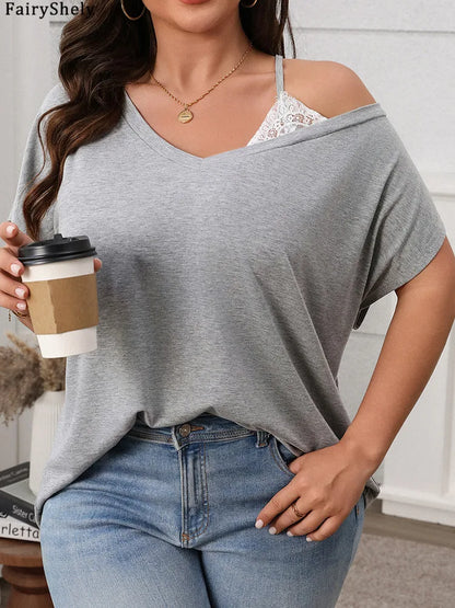 Fairyshely 2025 Summer Casual Solid Plus Size Top Women Off Shoulder Loose Large T-shirt Lady Short Sleeve Elegant Curvy Tops