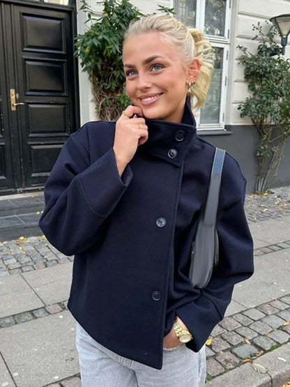 Stand Collar Women Winter Woolen Coats Single Breasted Loose Female Long Sleeve Jacket  Autumn Office Lady Street Short Coat