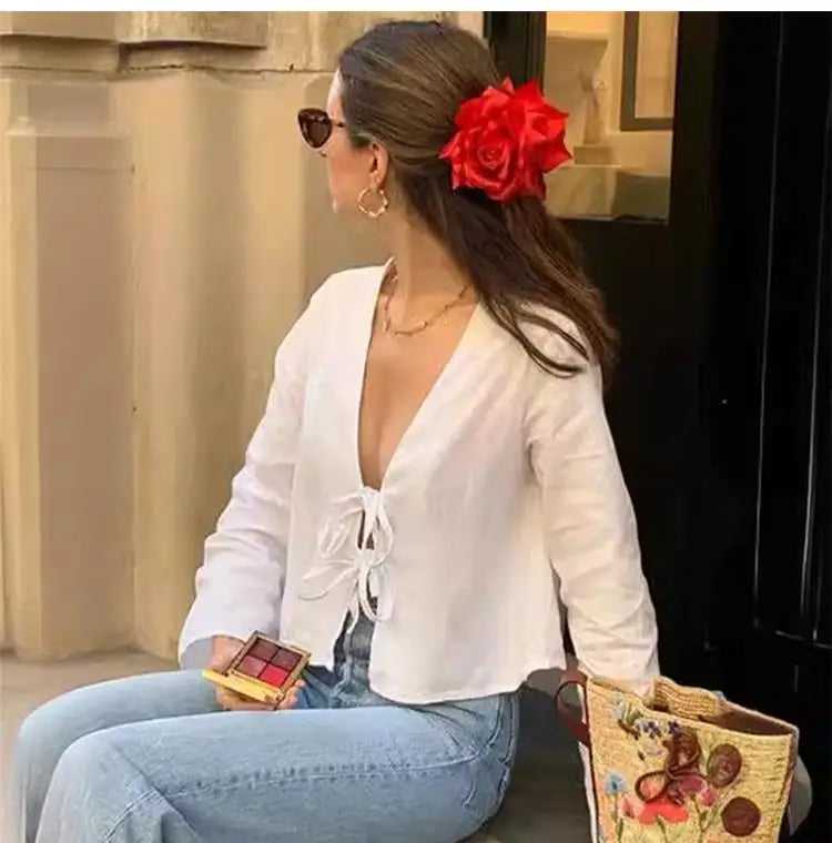 ALOBEE Loose Lace Up Bow Shirt Women Elegant V Neck Long Flare Sleeve Lady 2024 New Spring Summer Simple High Street Female Tops