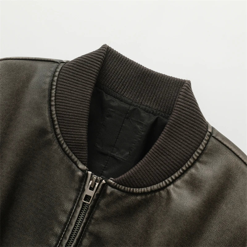 RARF Women Washed Leather Loose Jacket Vintage Stand Collar Gradient Zipper Short Coat Spring Lady Locomotive Style Chic Coat