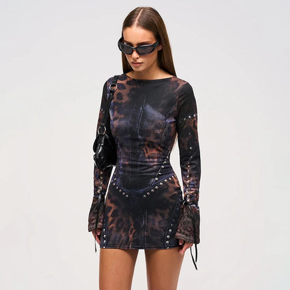 CUTENOVA 2024 Autumn And Winter New Women'S Fashion Leopard Print Slim Flared Long-Sleeved Package Hip Short Skirt Dresses Y2K