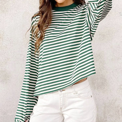 2025 Women Retro T-shirt Long Sleeve Crew Neck Loose Ladies Fall Casual Striped Top Streetwear