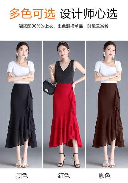 ZUZK Fashion Irregular Fishtail Chiffon Skirts Elegant High Waist Summer Luxury Party Skirt Female Ruffles Long Skirts