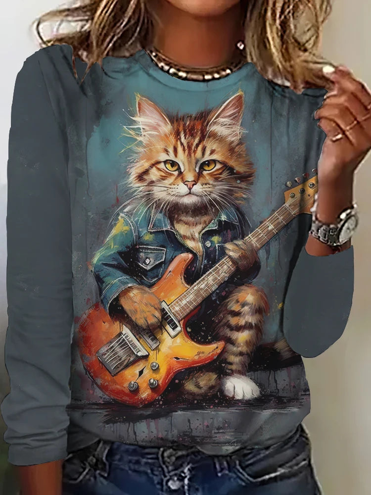 Fall Women's Long Sleeve T-Shirt Cute Cat Print Street Casual Crew Neck Pullover Oversized Clothing Outdoor T Shirts