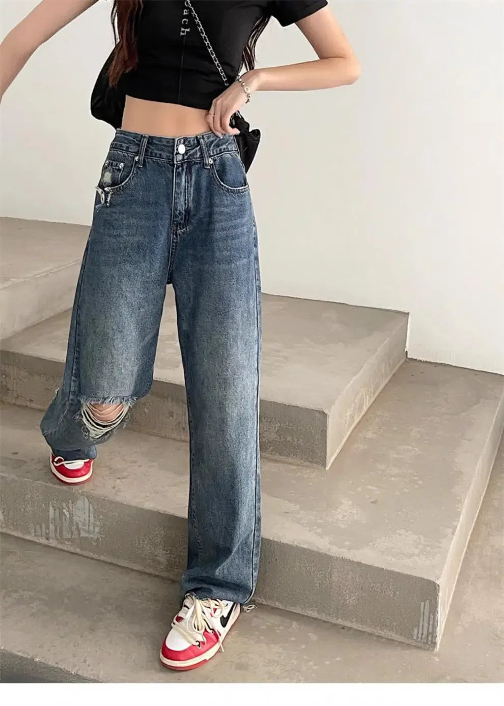Vintage High-Waisted Wide-Leg Jeans Women's Spring New Loose-Fit Slimming Plus Size Pear-Shaped Body Straight-Leg Pants