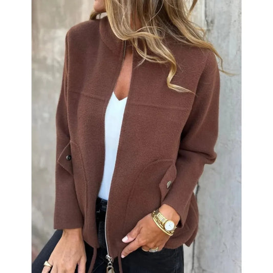 New Casual Zipper Cardigan Wool Jacket For Women's 2025 New Fashion Stand Collar Tether Pocket Loose Versatile Female Wool Coat