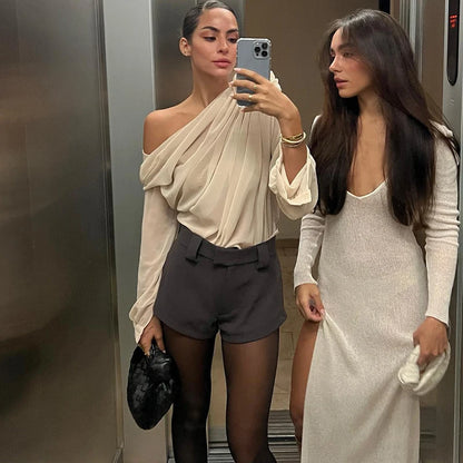 Candyhot Irregular Sexy Off Shoulder Oblique-neck Flower Applique T Shirt French Fashion Long Sleeve Crop Tops Chic Mesh Camis