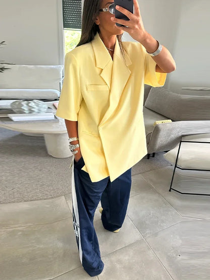 Fashion Lapel Suit Jacket Women Casual Loose Short Sleeve Office Lady Coat 2025 New Chic Autumn Single Button Oversize Jacket