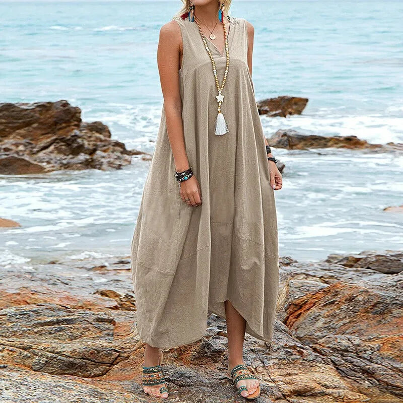 Loose Women's Dress Elegant Summer Solid Color Beach Dress Cotton Linen V-neck Pocket Dress Casual Temperament Party Dress