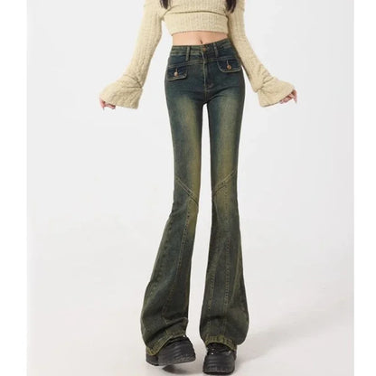 Woman High Waist Elastic Spliced Wide Leg Jeans Female Vintage Slim Fit Flare Pants Lady Blue Black Grey Denim Trousers Big Size