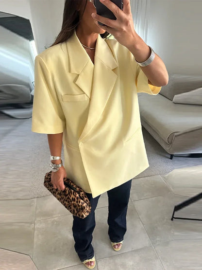 Fashion Lapel Suit Jacket Women Casual Loose Short Sleeve Office Lady Coat 2025 New Chic Autumn Single Button Oversize Jacket