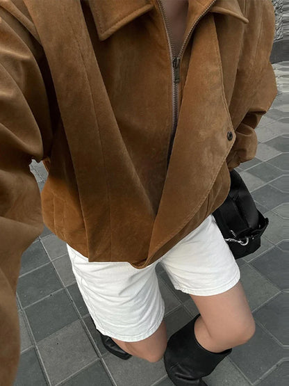 Locomotive Lapel Suede Jacket Women Lantern Long Sleeve Loose Fitting Patchwork Pilot Coats New Early Autumn Cool Girl Outerwear