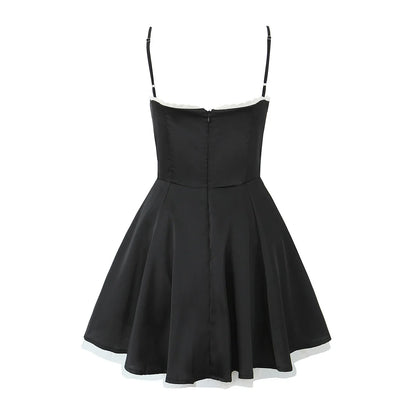 European and American style French niche slim fit suspender dress women's summer satin three-layer three-dimensional steel ring