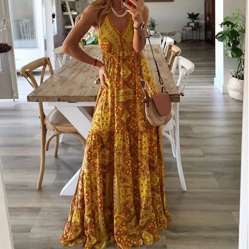 Plus-size Europe and the United States cross-border  new slip long skirt high-waisted V-neck printed floral dress