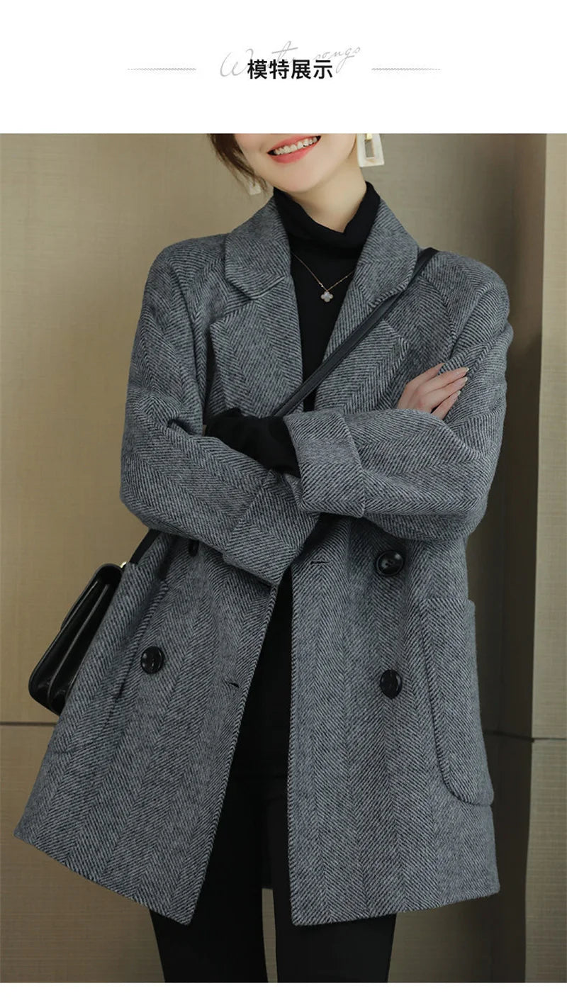 New Elegant Women Mid-length Woolen Coats Office Lady Autumn Winter Korean Loose Warm Thick Wool Blend Jackets Female Outerwear
