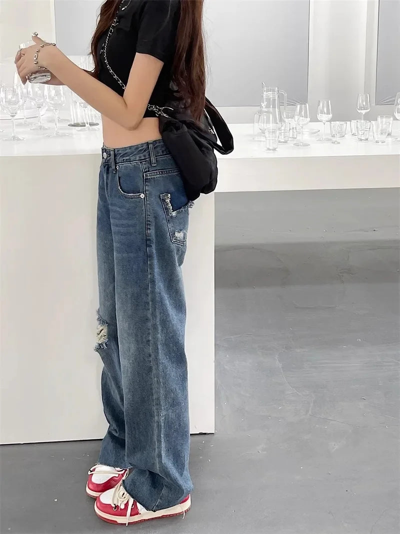 Vintage High-Waisted Wide-Leg Jeans Women's Spring New Loose-Fit Slimming Plus Size Pear-Shaped Body Straight-Leg Pants