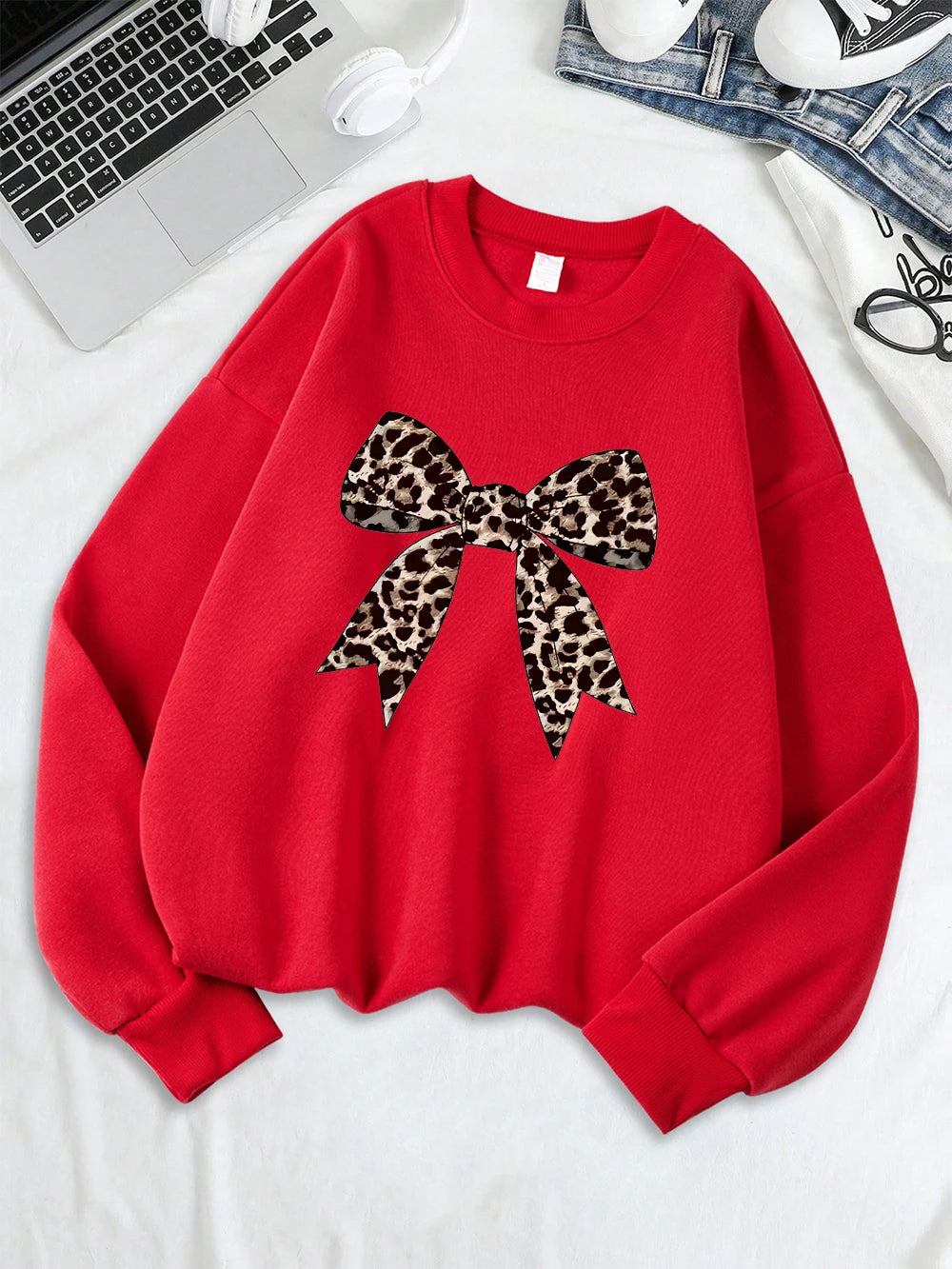 Bow Leopard Printing Sweatshirts Womens Crewneck Basics Hoodies Loose Fleece Warm Clothes Autumn Winter Sporty Woman Pullover