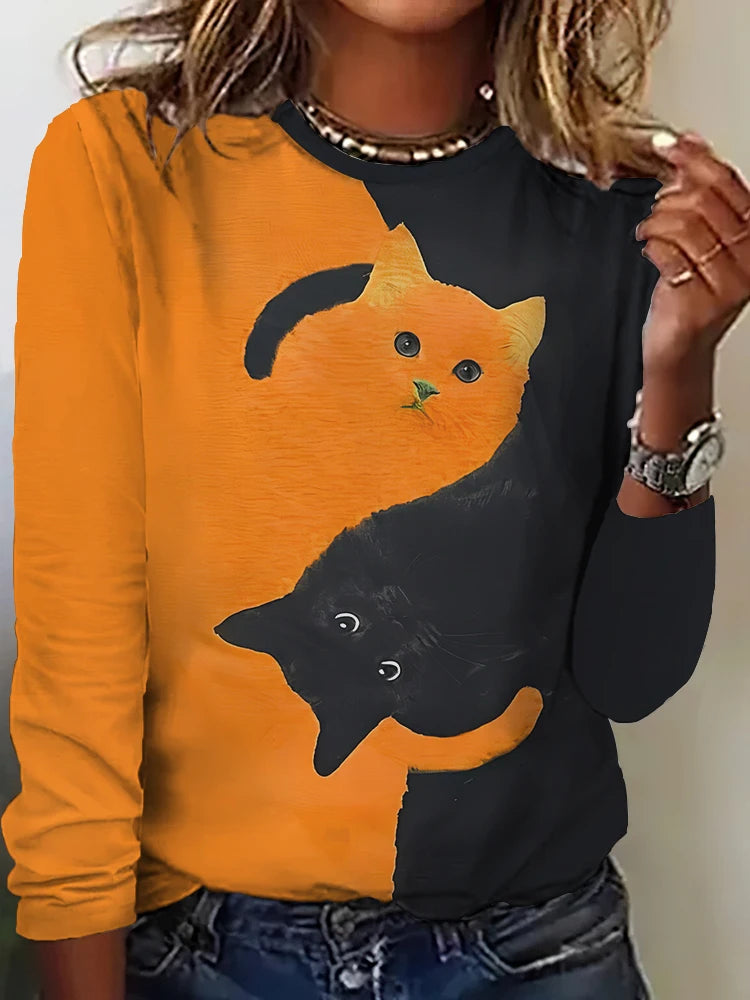 Fall Women's Long Sleeve T-Shirt Cute Cat Print Street Casual Crew Neck Pullover Oversized Clothing Outdoor T Shirts