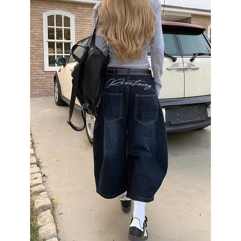 Blue Women's Retro Y2K 2000s Wide Leg Baggy Casual Denim Trouser High Waist Loose Jeans 2024 Autumn Harajuku Full Length Pants